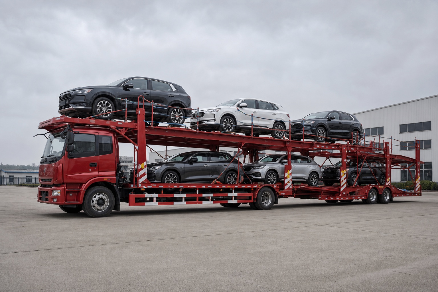 Открытый автовоз с надежно закрепленными автомобилями